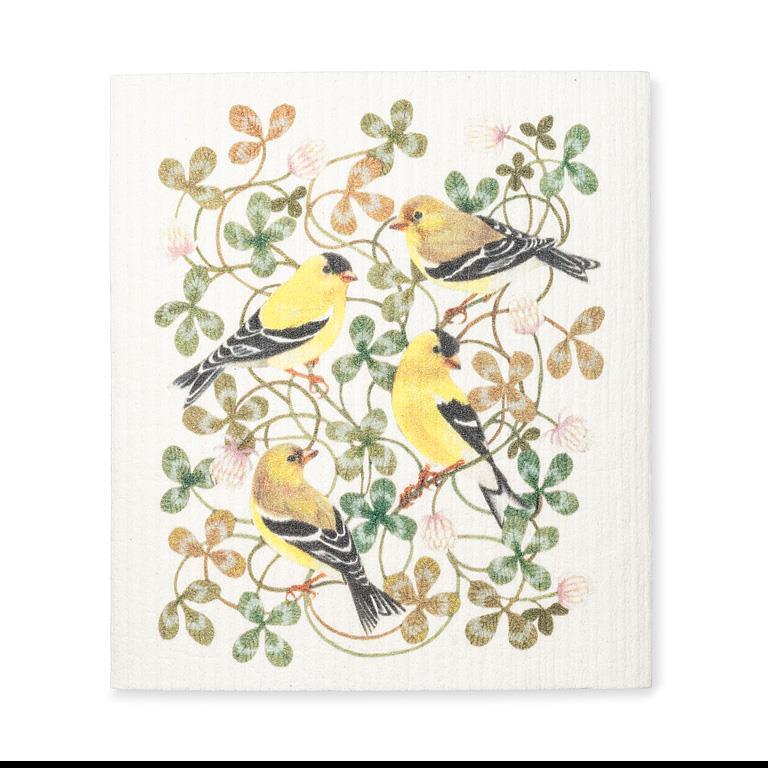 Yellow Finches & Clover Swedish Dishcloth