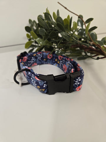 Blue and pink floral pattern  Dog Collar - Small