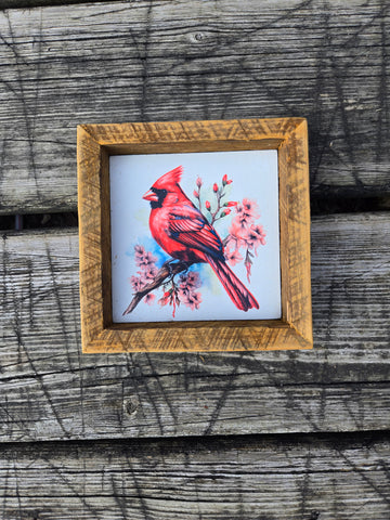 4x4 mini Sublimated Cardinal on cherry blossom branch sign.