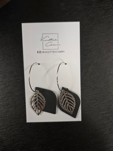 Silver Leaf Dangle Hoop Earring- Medium Black