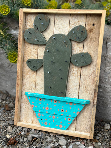 Teal and Coral Dot Pot Lath Cactus