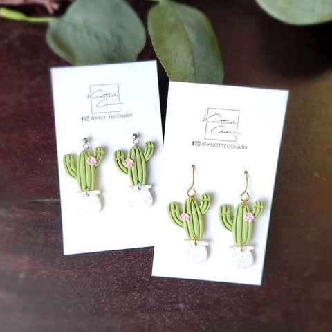 3 Armed Cactus With Flower In Pot Dangle Earring - Gold Hanger