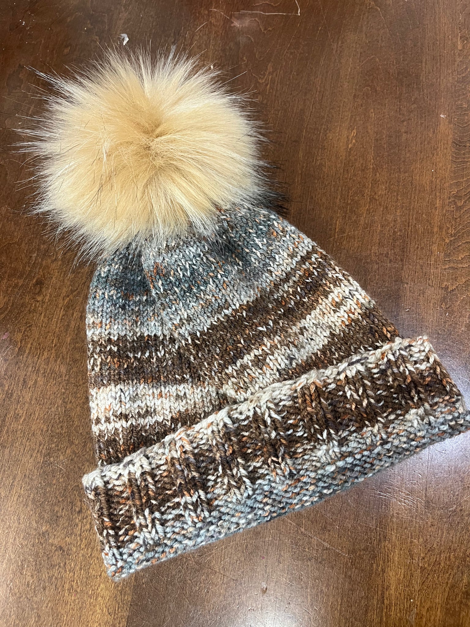 Adult Hat W/ Fur pompom - Multi Brown