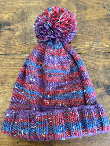 Adult Hat W/ Pom Pom - Blue/Red/Purple