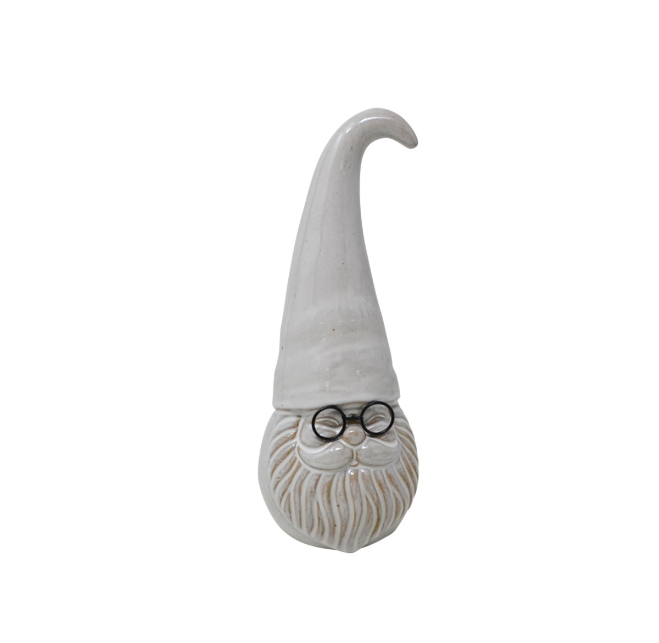 Ceramic White Glazed Gnome w/Glasses- Small