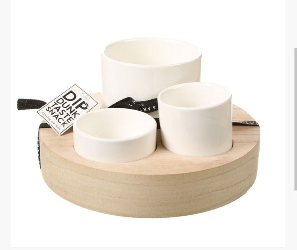 Trio Ceramic Bowls With Wood Base