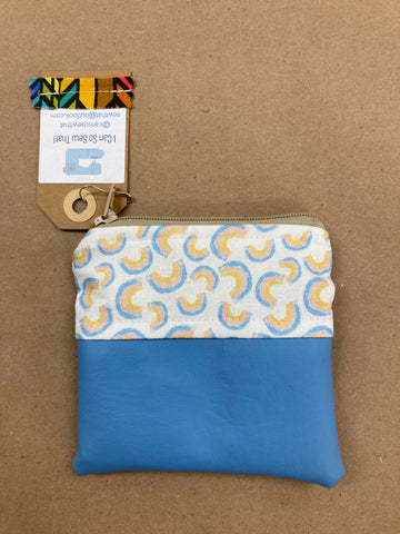 Small 1/2  Faux & 1/2 Cotton 4"x4" Zip Pouch - Blue/Rainbow